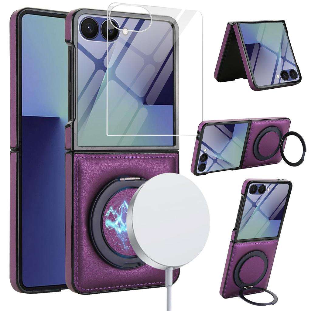 For Magsafe Charging Case for Samsung Galaxy Z Flip 7 6 Flip 5 Flip 4 3 Magnetic Rotating Bracket Cover Tempered Glass Film