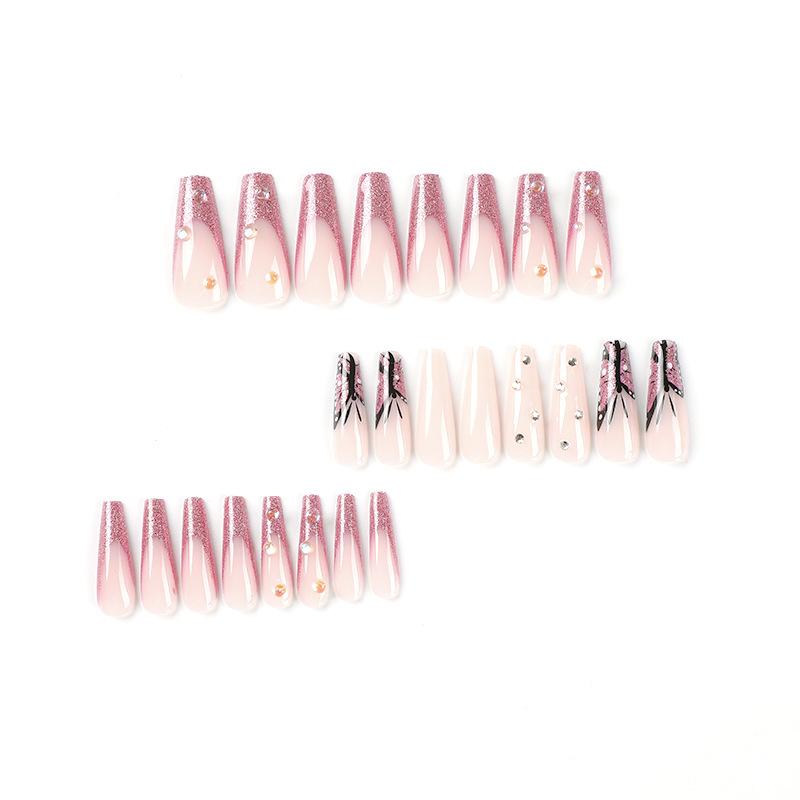 24Pcs/Set Quick Nails Purple Glitter French False Nials Sticker Wearable Waterproof Manicure Finished Nails