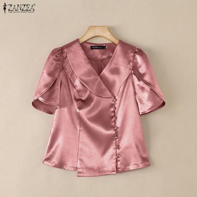 Blouse en Satin Manches Courtes Couleur Unie Col Poupée Décontractée pour Femmes