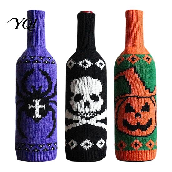Skeleton Pattern Bottle Decor Halloween Wine Sweater, Reusable Knitted Champagne Cover, Pumpkin Skull Gift Bag Spider Sleeve Decoration for