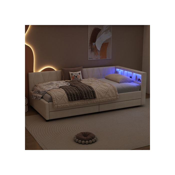 Canapé-lit - MUVOE - 90x200 Cm - Lin Beige - Éclairage LED - Port USB-C