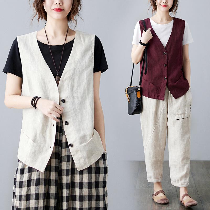 Spring and Autumn Retro Linen Vest Women's Loose All-match Sleeveless Casual Thin Vest Solid Color Waistcoat Cotton and Linen Short Jacket