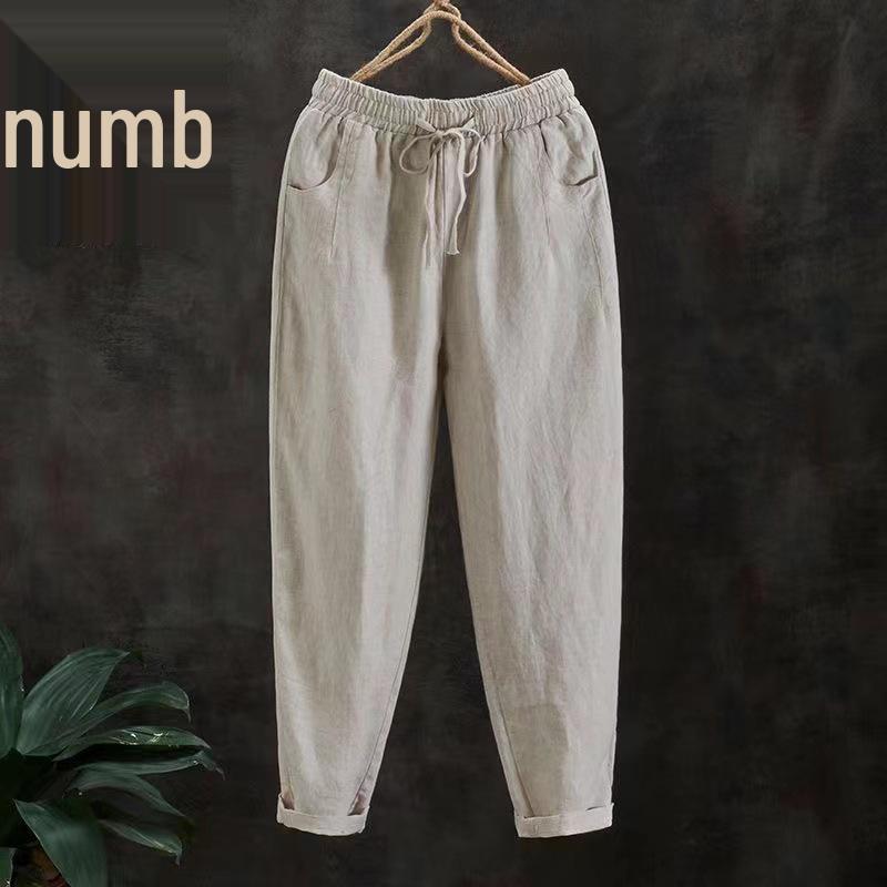 2024 Summer Women's Loose Cotton Linen Carrot Pants - Plus Size, Retro, Versatile Harem Style, Cropped Length.