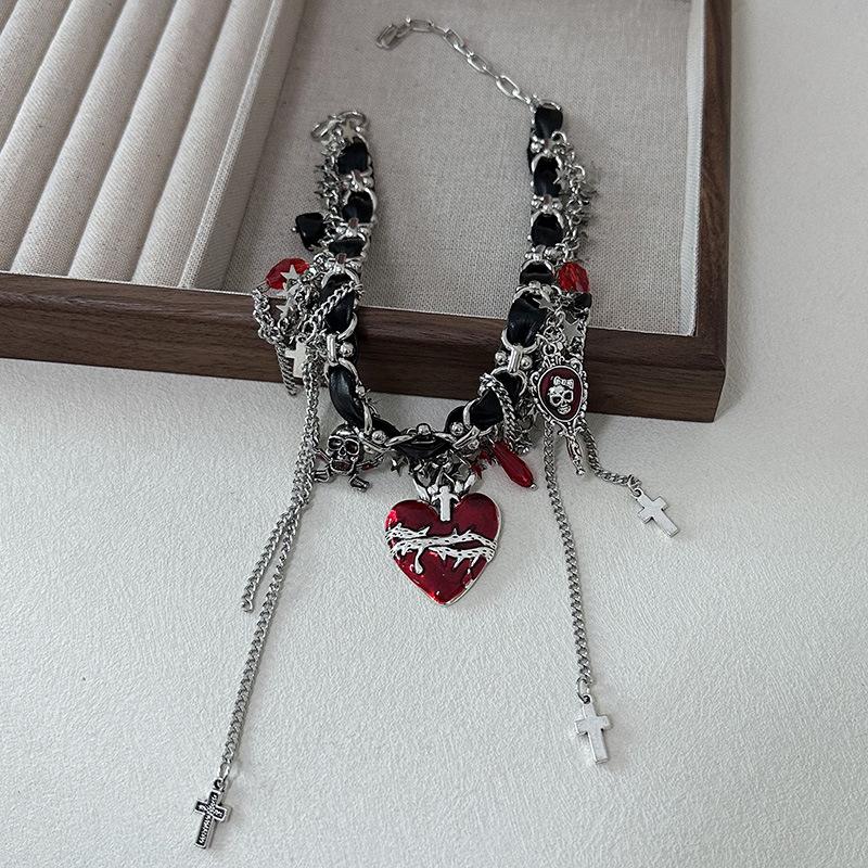 Tooxika New Niche Unique Personality Multi-element Cardinal Heart Cross Tassel Necklace Dark Wind Spicy Girl Collarbone Chain