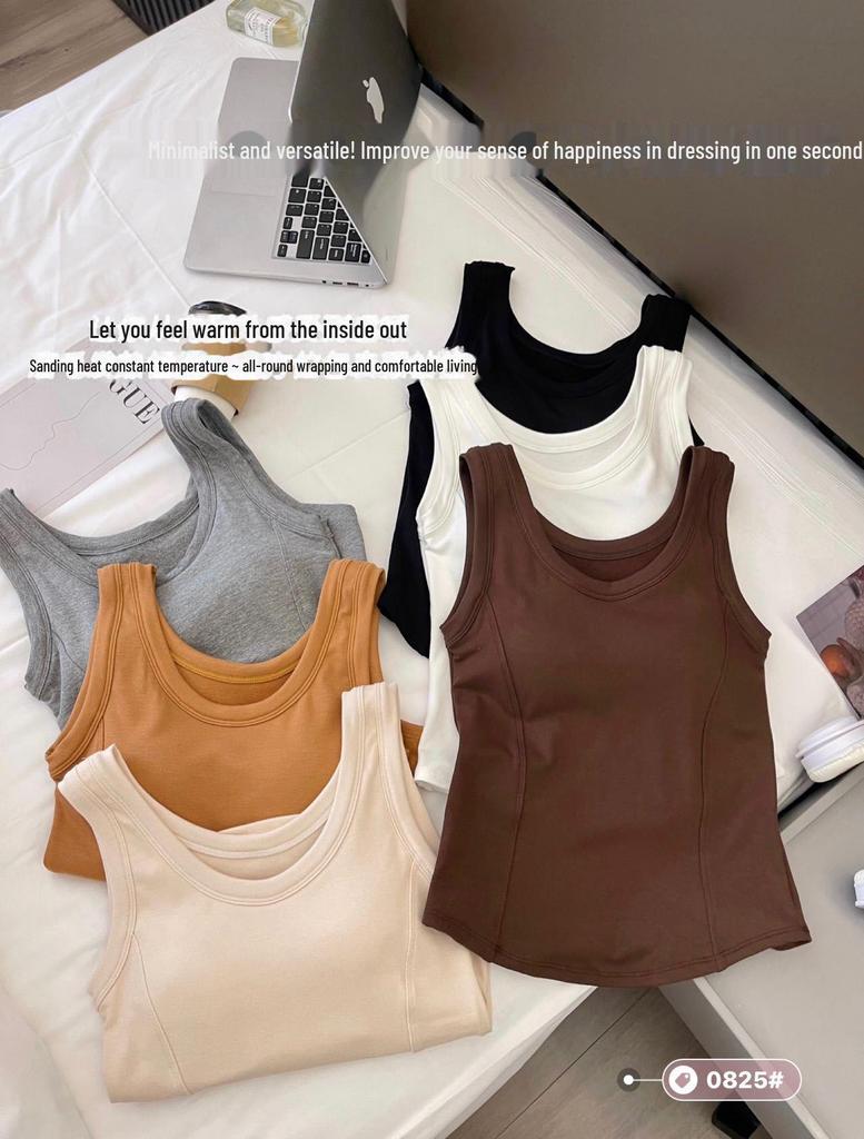 2024 Women's Pure Cotton Brushed Sleeveless Vest with Chest Pads - Slimming and Warm