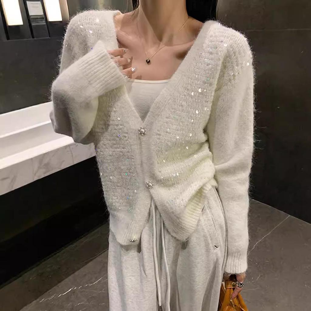 Women's Autumn and Winter V-neck Sequin Knit Cardigan Jumper