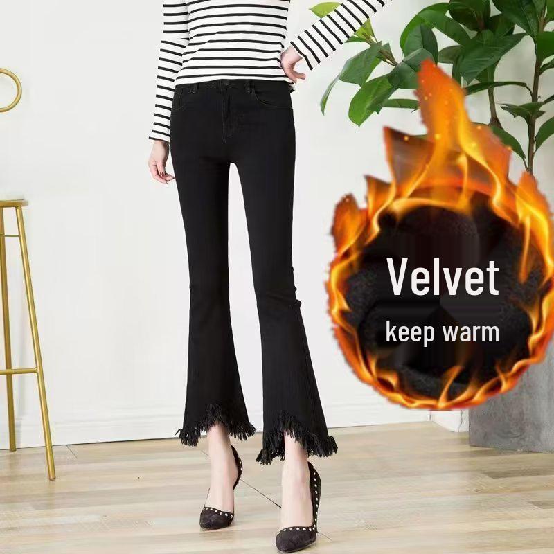 Women's High-Waist Cropped Flare Jeans, 2023 Winter, Velvet-Lined, Korean Style, Slimming, Draped, with Slit and Fringed Hems