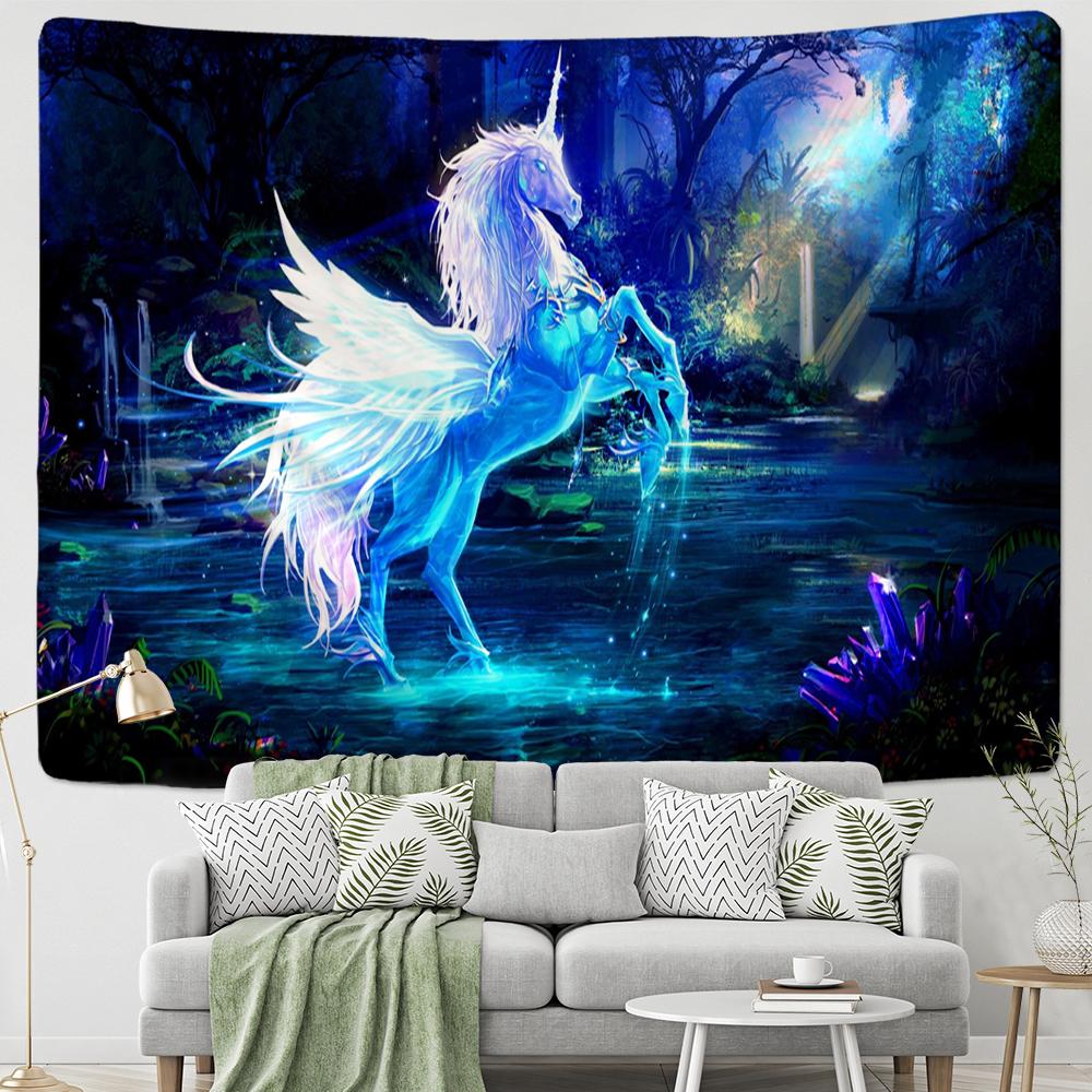 

Гобелен с мультяшным анимационным принтом, мифическое животное, Единорог, Телец, настенный психоделический гобелен, хиппи, настенные ковры, декор в общежитии 150x130CM