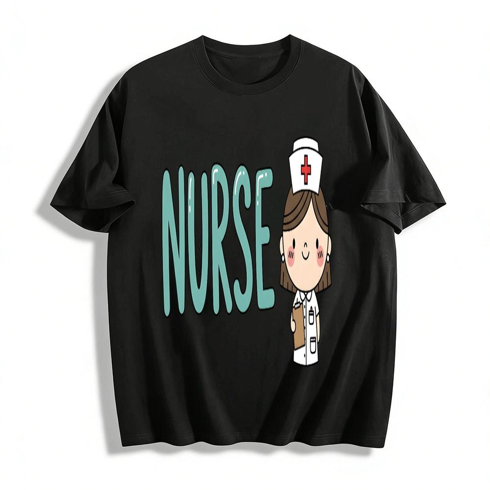 Cute Cartoon Nurse Print Casual Top Women s Medical Theme Daily T-Shirt Pure cotton T-shirt XXS