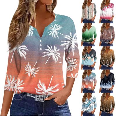 Women's T Shirt Tee Print Button  3/4 Sleeve Daily Weekend Fashion Basic V- Neck Regular Top