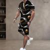 Men s Plus Size Dark Green Gold Printed Round Neck Short Sleeve Top And Shorts Two Piece Set