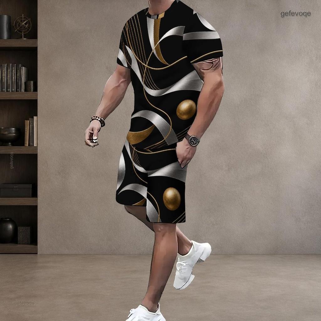 Men s Plus Size Dark Green Gold Printed Round Neck Short Sleeve Top And Shorts Two Piece Set