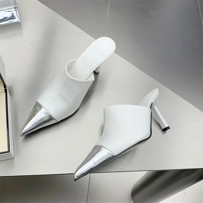 Fashion Silver Women Slippers Thin Low Heels Pointed Toe Design Slip On Summer Mules Slides Shoes