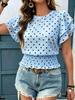 Women Polka Dot Print Round Neck Ruffled Short Sleeve Smocked Waist Casual T Shirt Top
