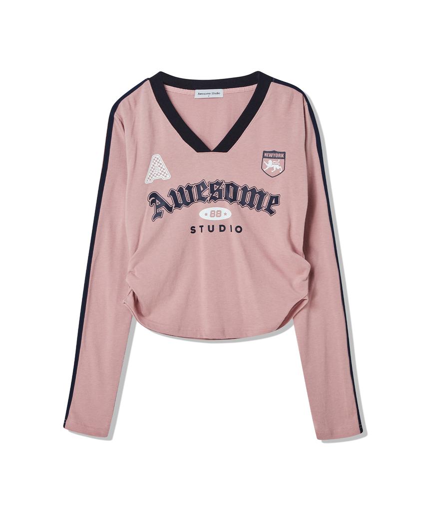 AWESOME STUDIO Blockcore V-Neck Shirred T-Shirt Navy