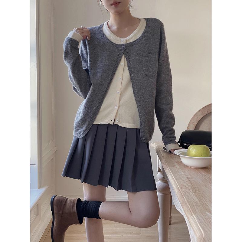 [Ge Ming] Women's Retro Color Block Patchwork Knit Cardigan - Fake Two-Piece Long Sleeve Top for Autumn, Y8810F