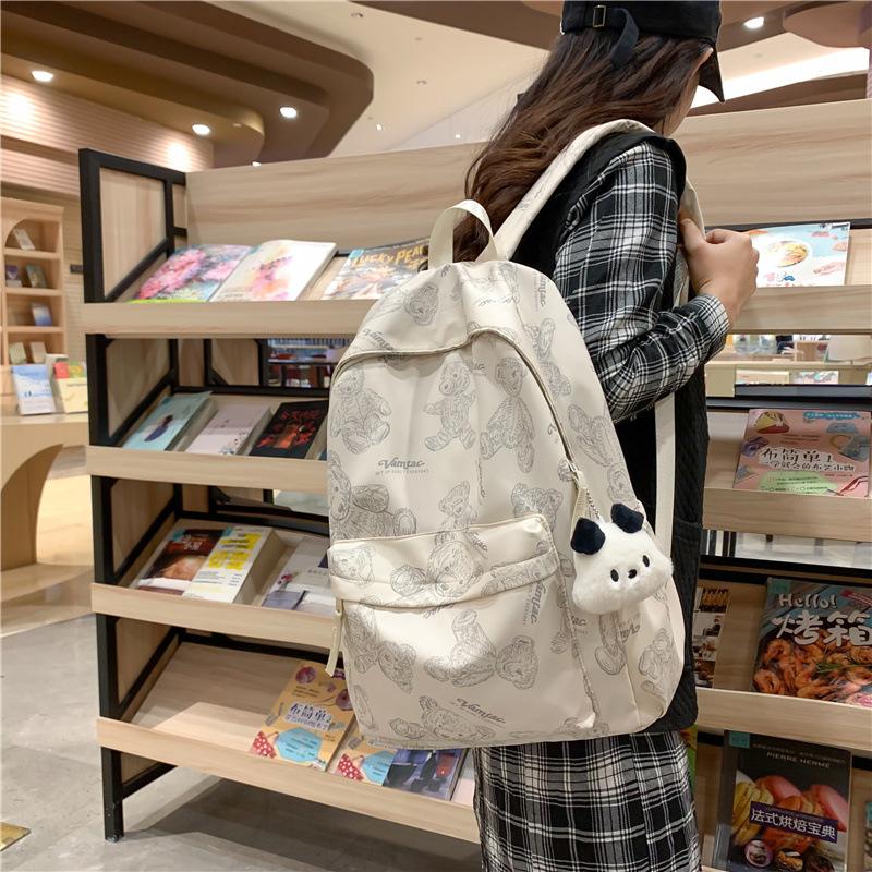 Japanese Ins Bear Print Student Schoolbag Female College Student Simple Backpack Female High School Trendy Girl Backpack