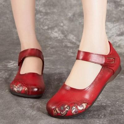 Women Ethnic Style Genuine Leather Casual Shoes High Quality Spring Autumn Soft Sole Round Toe Velcro Light Flat Sole Mom Shoes