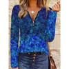 Blue Maple Leaf Print V-neck Zipper Long-sleeved T-shirt
