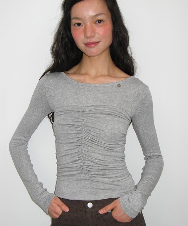 RONRON Shirring Bustier Long Sleeve T Shirt Gray