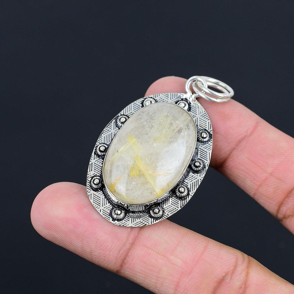 Womens Day Sale Golden Rutile Gemstone Sterling Silver Mother New Bezel Pendant