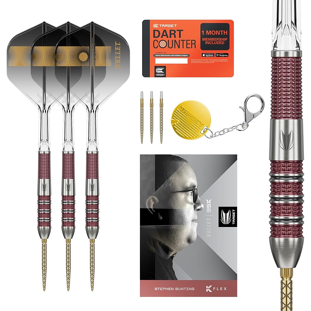 

Набор дартсов TARGET Stephen Bunting 95K Swiss Point с стальным наконечником, 22 г/23 г | Дротики Bullet Player Edition 95% вольфрама, оперения Kflex и хвостовики, запасные го