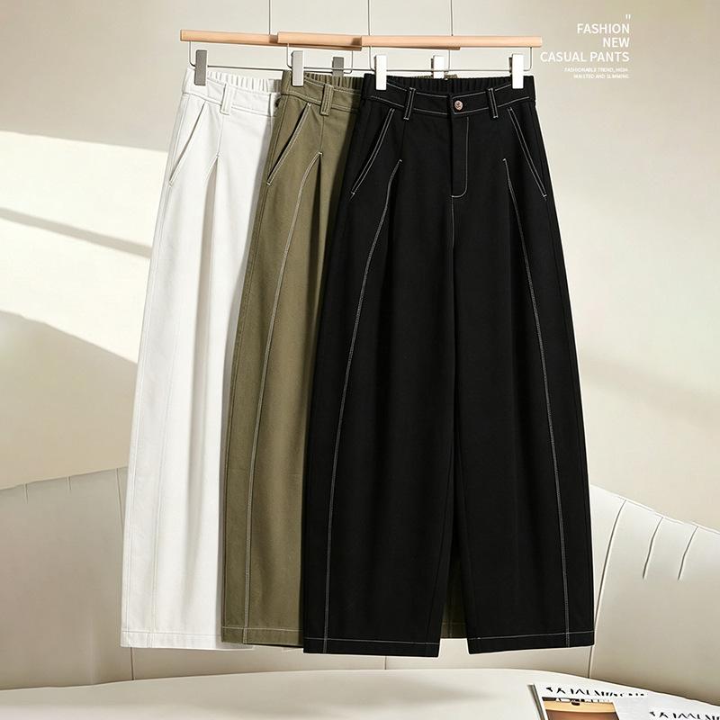 Women's Washed Cotton Pleated Curved Wide Leg Pants Casual Loose Fit Trousers
