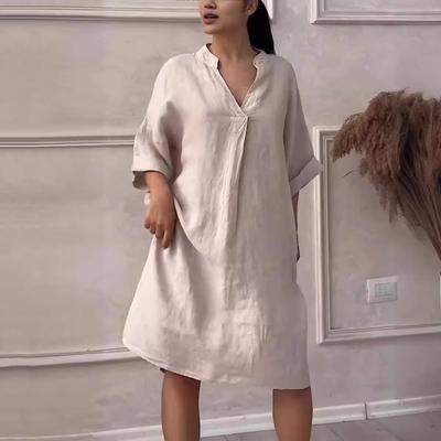 Summer Women Dress V Neck Ninth Sleeve A-line Loose Pure Color with Side Pockets Knee Length Pullover Casual Midi Dress
