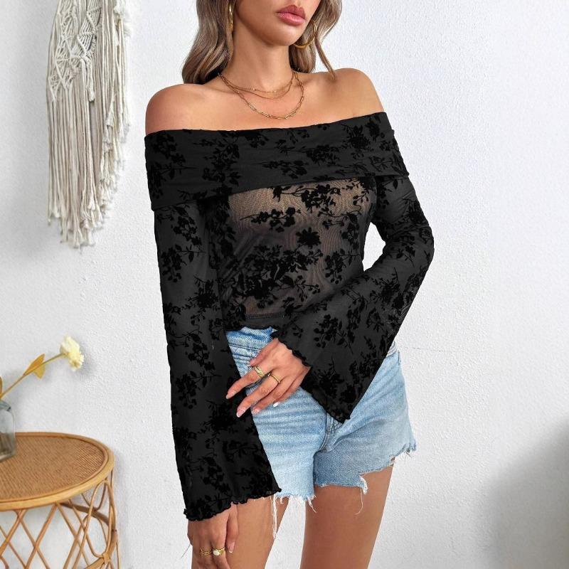 New Elegant Off Shoulder Mesh Floral Print Blouse Women Long Sleeve Fashion See Through Shirt Thin T-shirt Casual Short Tops Black Tees