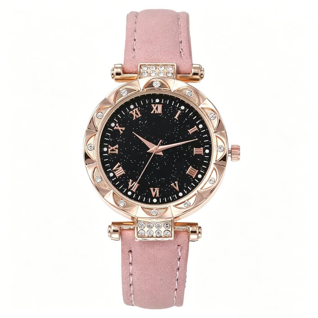 Ladies Light Luxury Diamond Starry Sky Roman Face Quartz Watch Belt Women'S Watch Fashion Roman Numeral Watch
