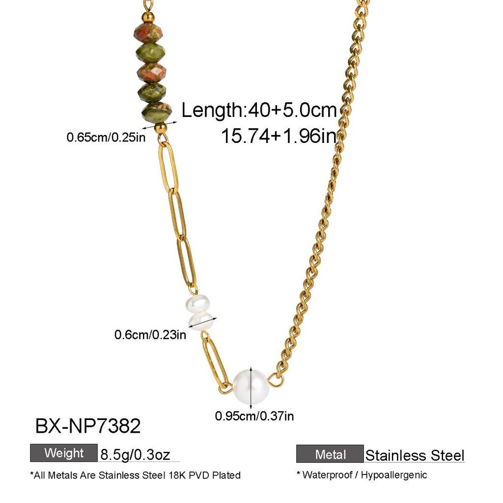 European-American Fashion Natural Stone & Freshwater Pearl Gold-Plated Stainless Steel Necklace