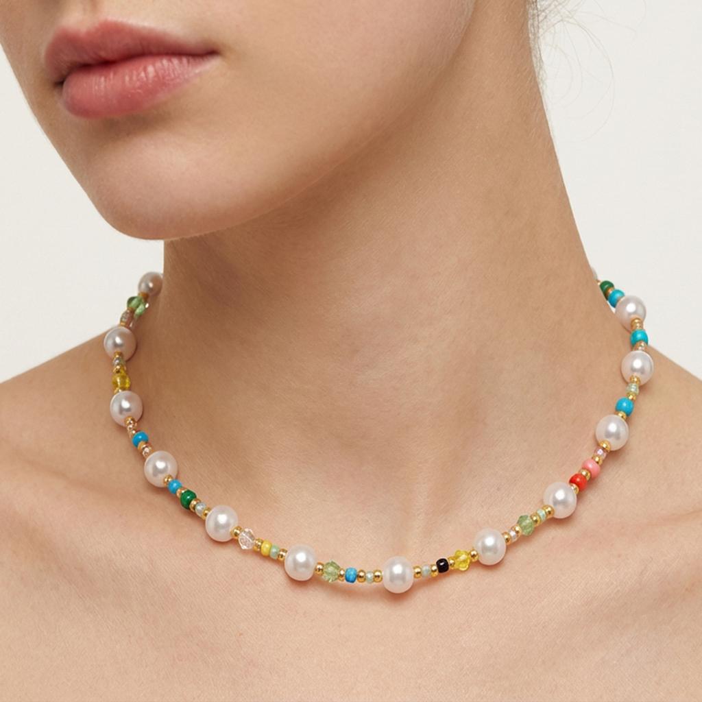 Bohemian ethnic style colored pearl necklace, retro fashion temperament choker beaded collarbone chain