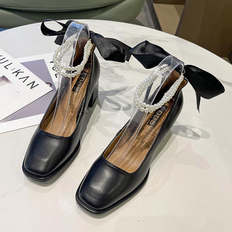 Podzimní Nové Boty na Hrubém Podpatku Dámské Čtvercová Špička Mělký Výstřih Motýlková Mašle Protiskluzové Odolné proti Opotřebení Nízké Boty