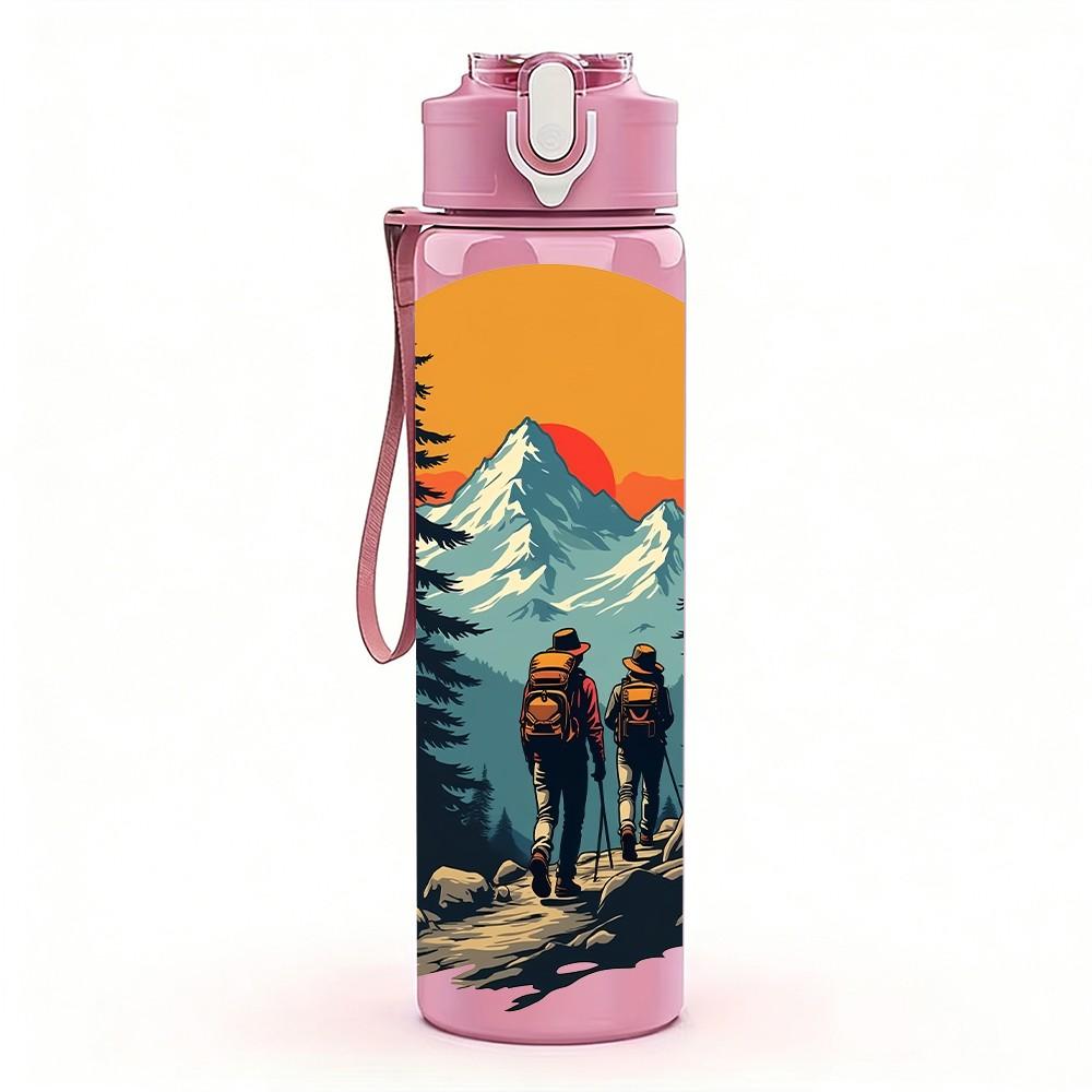 1PC Mountain Forest Sunset Camping Print 750ml Color Plastic Sports Water Bottle Leakproof Flip Straw Lid Suitable for Sports Office Home Use