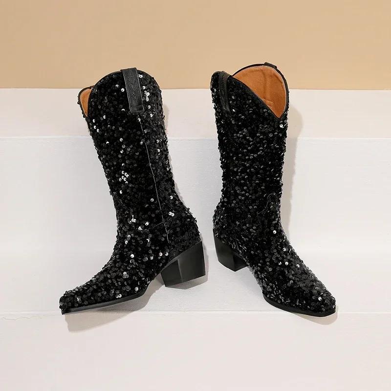 Bling Gold Sequined Cloth Western Cowboy Mid-calf Boots for Women High Block Heel Pointed Toe Cowgirl Slip-on American Half Boot
