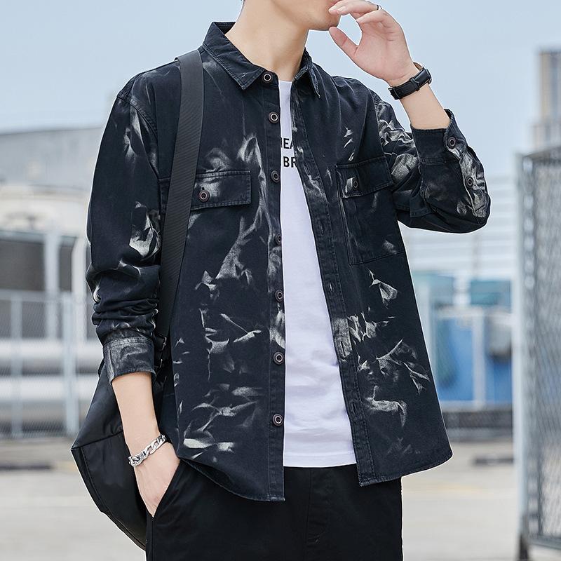 

Men s Black Tie Dye Long Sleeve Button Shirt - Oversized Casual Streetwear Denim Shirt with Pockets 4XL чорний