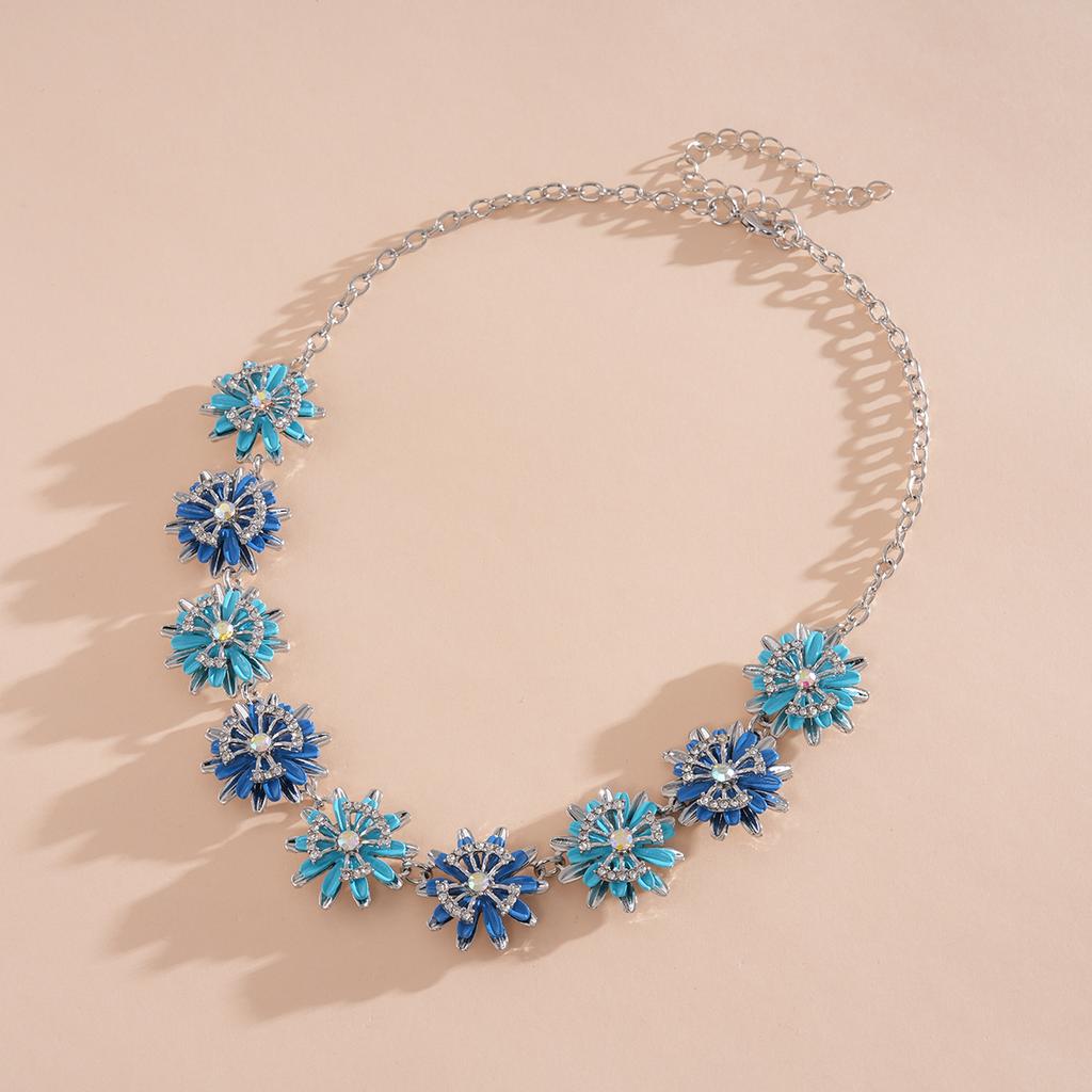 Turquoise Blue Diamond Flower Stud Earrings Necklace Light Luxury Niche Clavicle Chain Premium Jewelry Set
