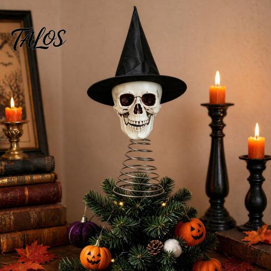 Halloween Skull Tree Topper Witch Hat Topper, Gothic Skeleton Figurine for Home Tabletop Ornament Party Decor, Spooky Festive Ornament, Trick or Treat