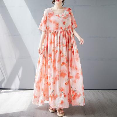 Summer New Simple Bohemian Long Dress Fattened and Enlarged Short-sleeved Crew Neck Printed Dress Women's Clothing
