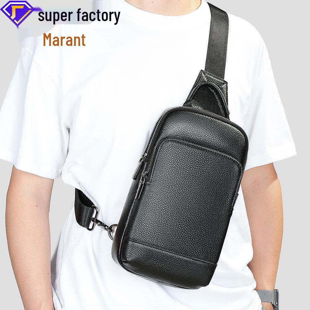 Malunt Men's Genuine Leather Crossbody Chest Bag, High-End Korean Style, Trendy Cowhide Small Backpack.