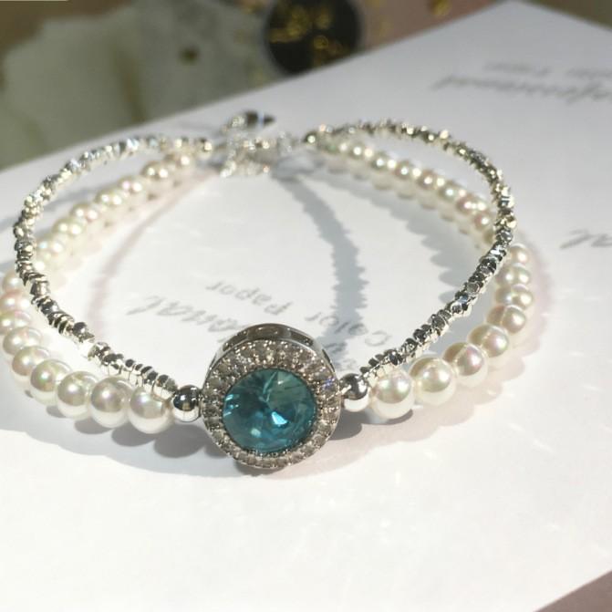 New sea blue pearl and silver double-layer bracelet for women, cat-eye casual style, gift for girls and best friends, live stream jewelry
