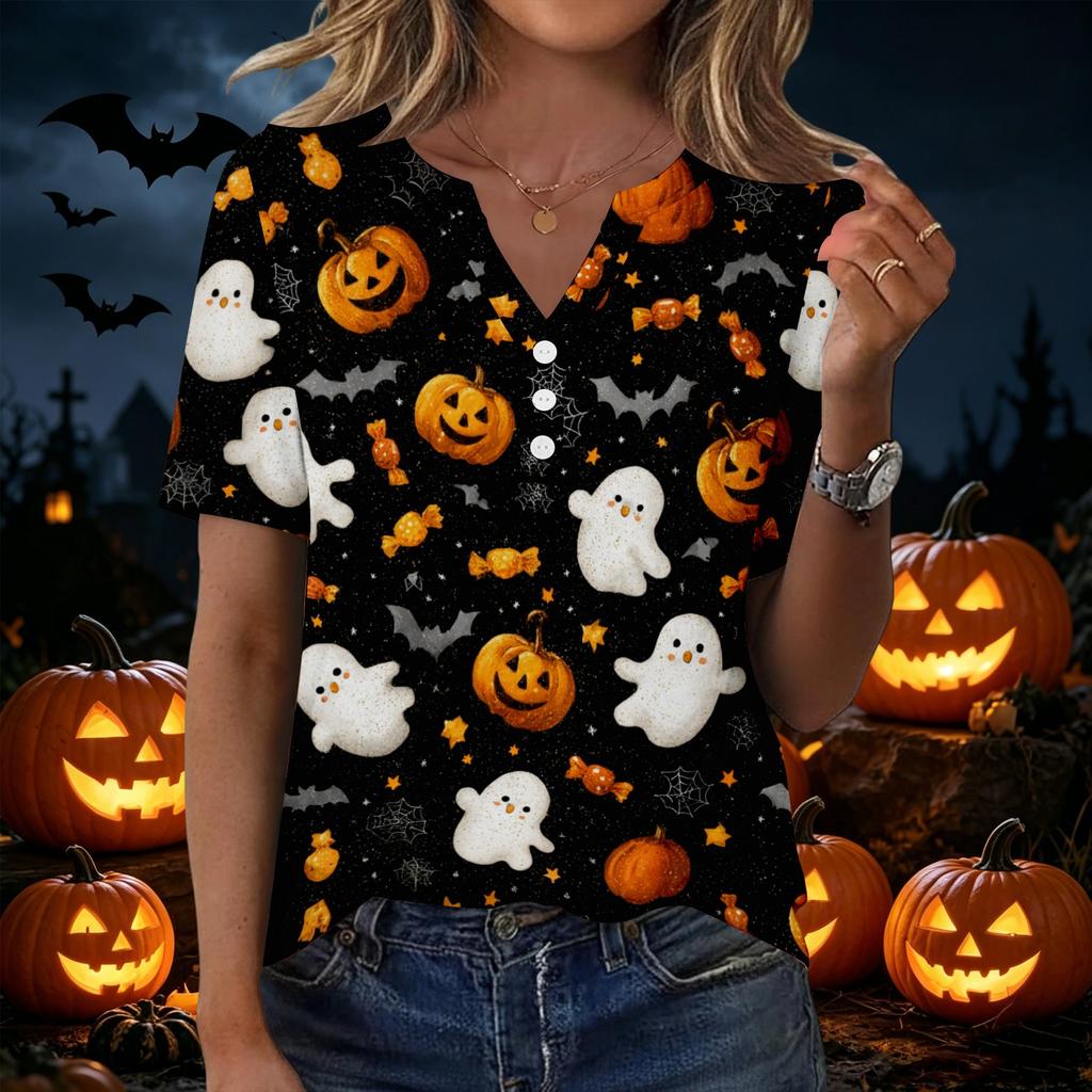 Women's Halloween Print Loose Fit V Neck Short Sleeve Top with Pocket Casual Shirt for Everyday Wear