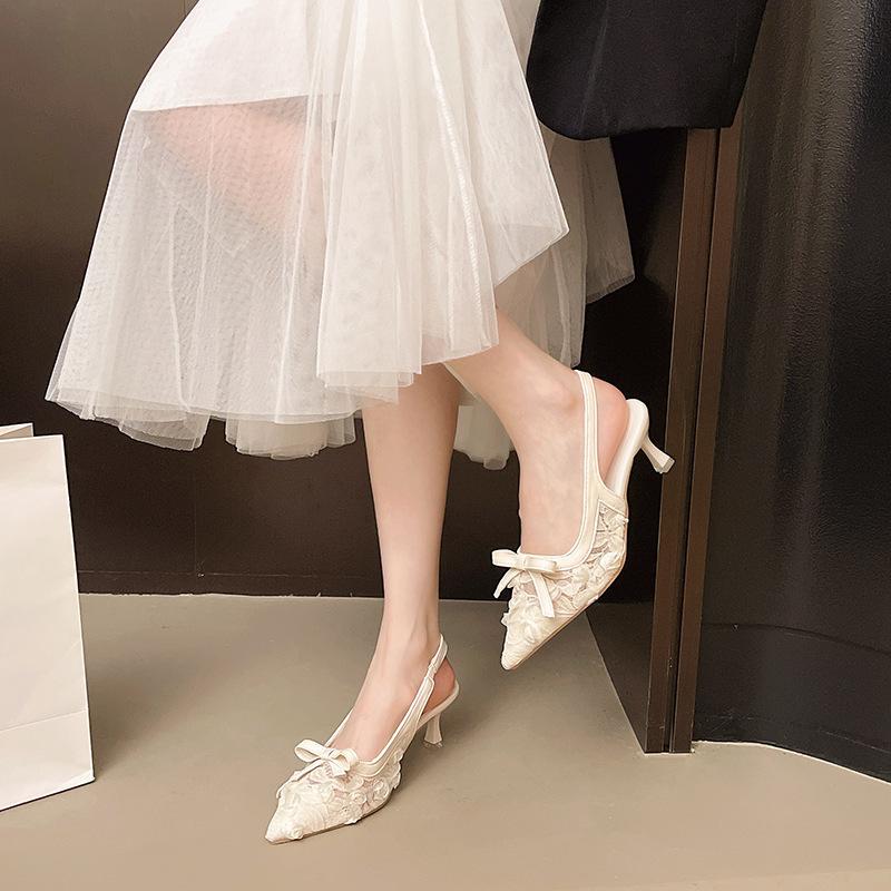 Breathable Low-heeled Single Shoes Pink Lace Bow Pointed Head Bag Head Sandals Femininity New Versatile 2025 Summer