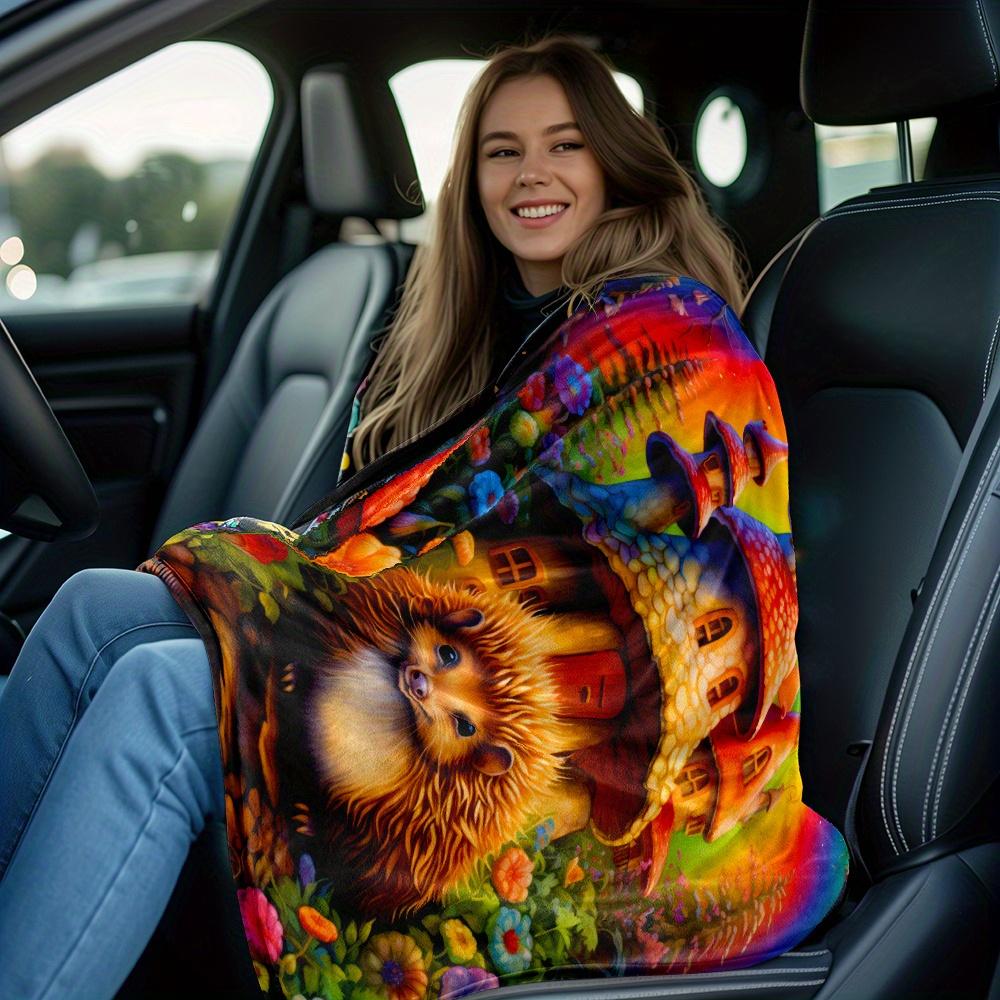 Hedgehog Fairy Castle Mushroom Garden Fleece Blanket Whimsical Fantasy Art Soft Throw Blanket Colorful Home Decor Gift for Kids