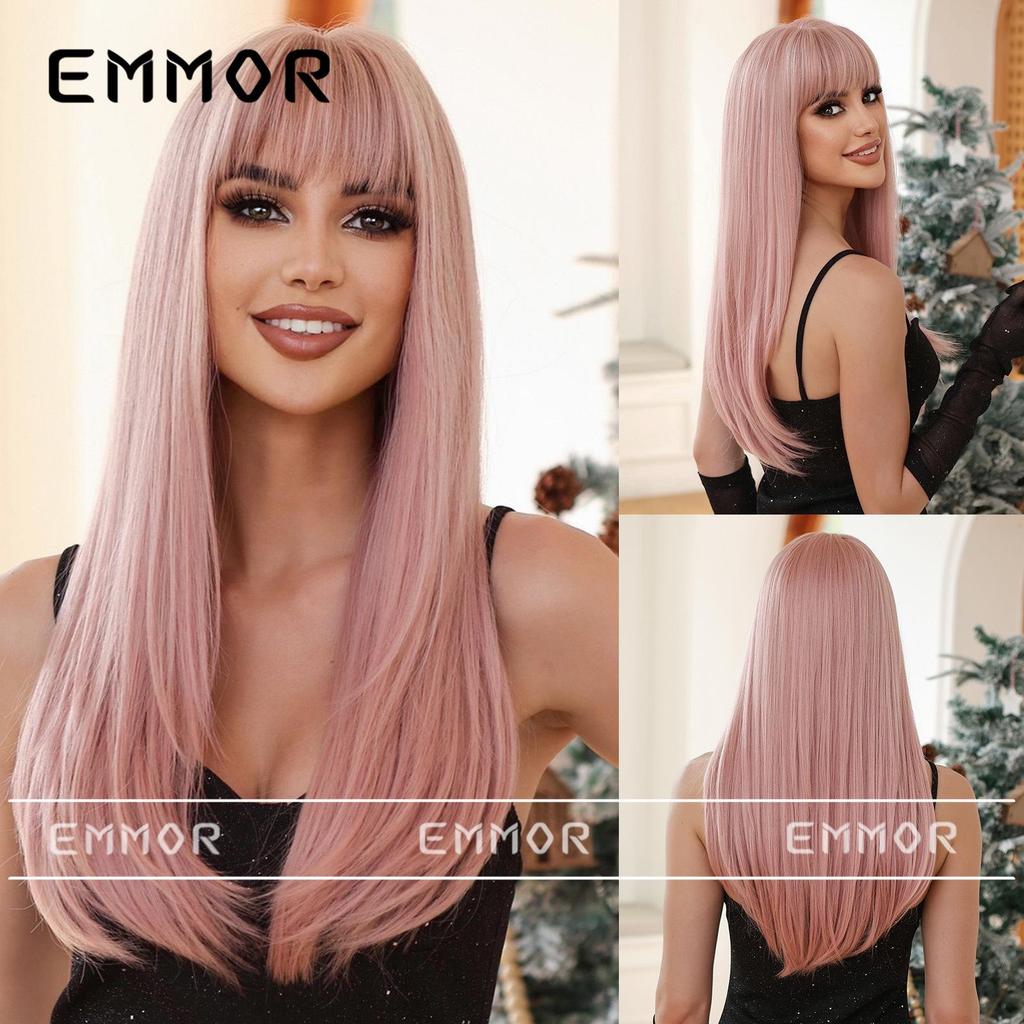 Perruque brune longue et lisse avec frange: Ensemble de tête complète de style européen et américain, à la mode et naturel
