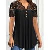 Spring Summer Women's Solid Color Lace Trim V-neck Short Sleeve Casual Shirt for European American