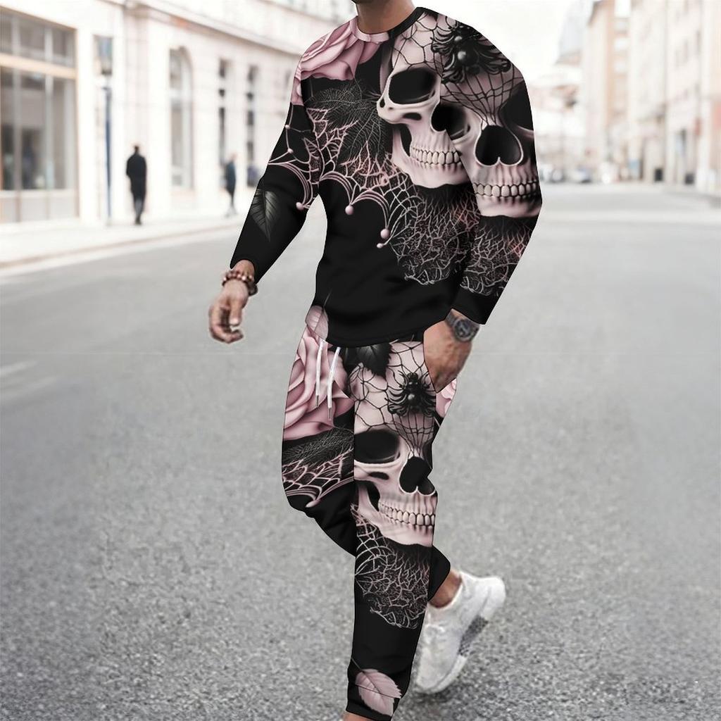 Men Purple Lace Background Skull Purple Rose Print Long Sleeve Sweatshirt And Jogger Pants Two Piece Outfit