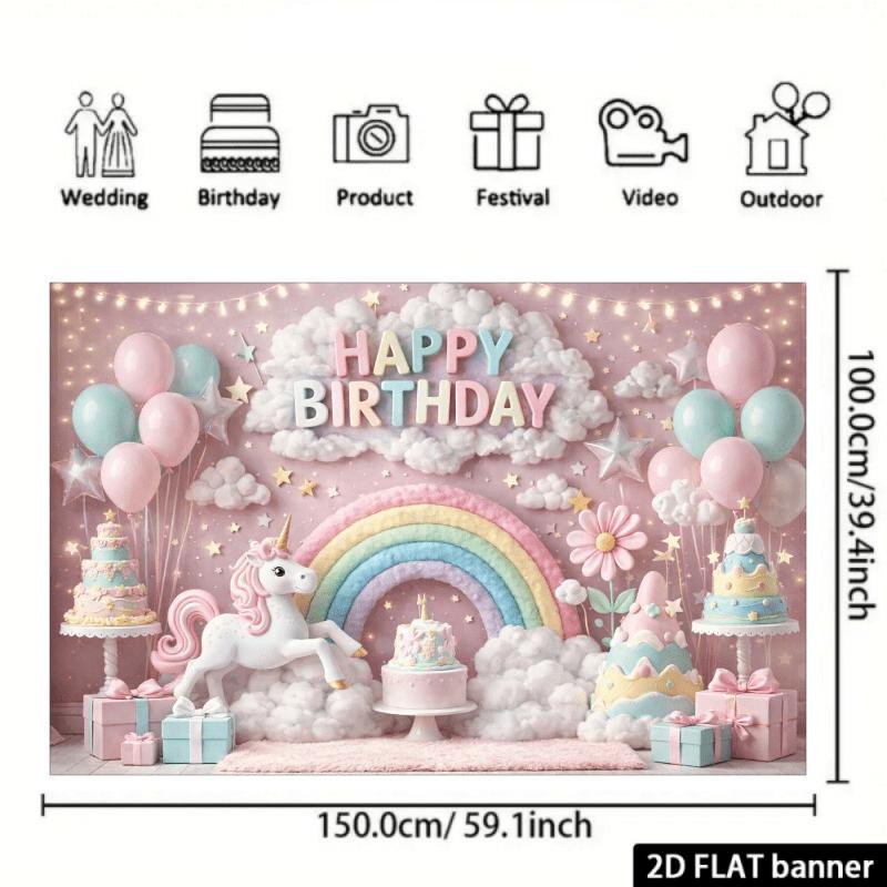 2D Plane Fantasy Unicorn Birthday Party Backdrop Fabric Soft Pink Wall with Warm Light String Lights