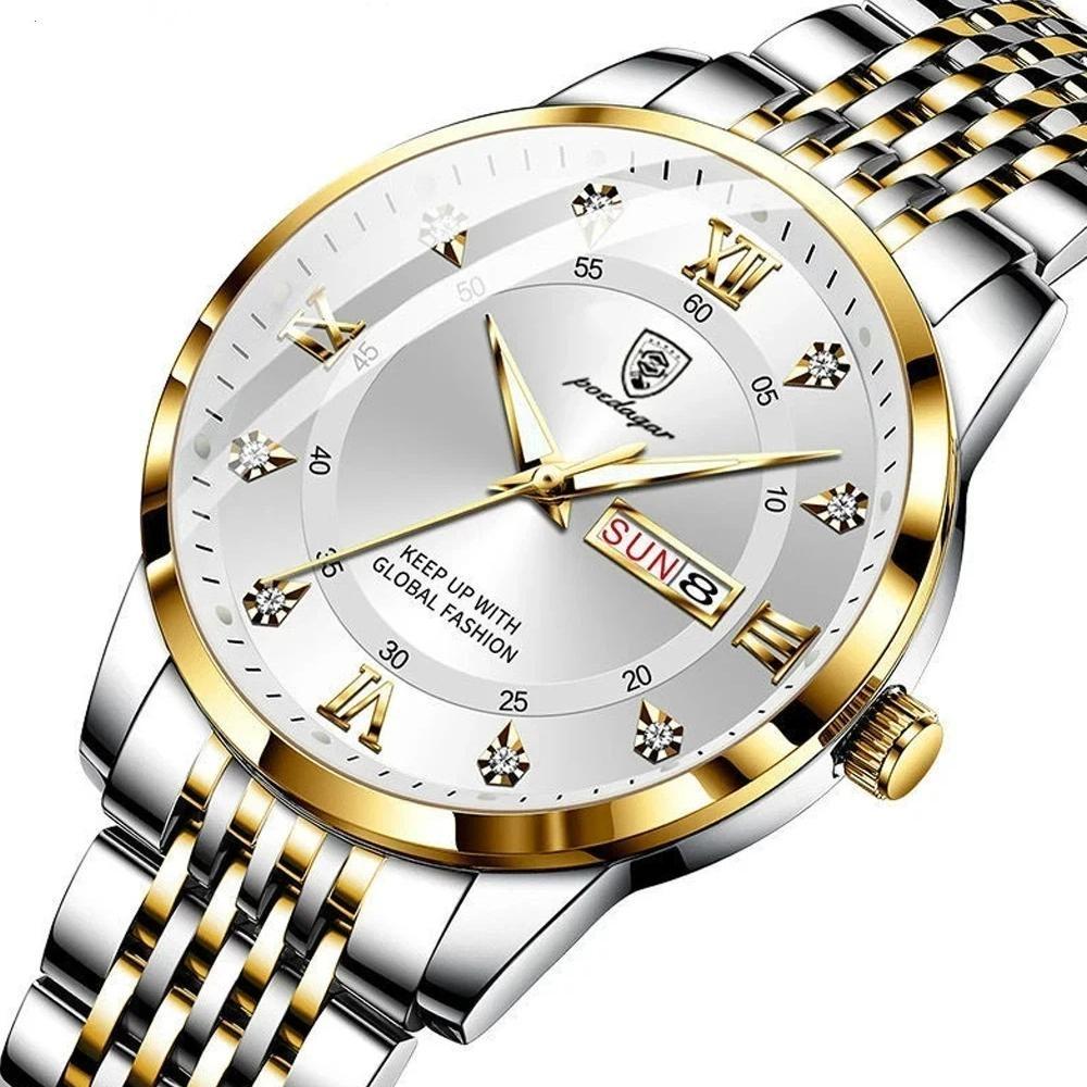 POEDAGAR Luxury Business Man Watch Stainless Steel Week Date Men's Wristwatch Waterproof Luminous Fashion Quartz Watches for Men