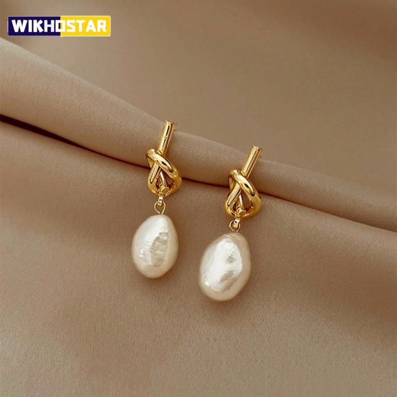 1 Pair Knotted Faux Pearl Dangle Earrings,Vintage And Elegant Knot Shaped Ear Studs Baroque Pearl Drop Earring,
